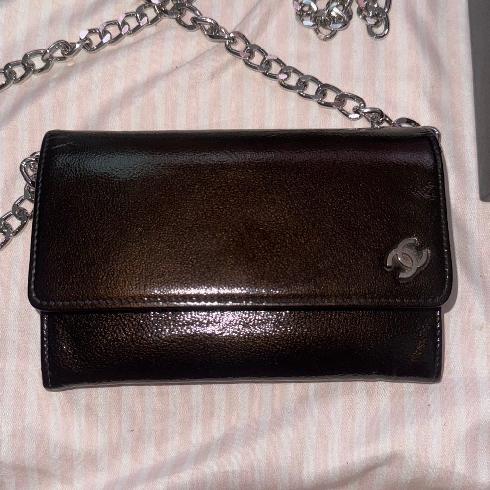 CHANEL Black Patent Leather Chain Clutch
